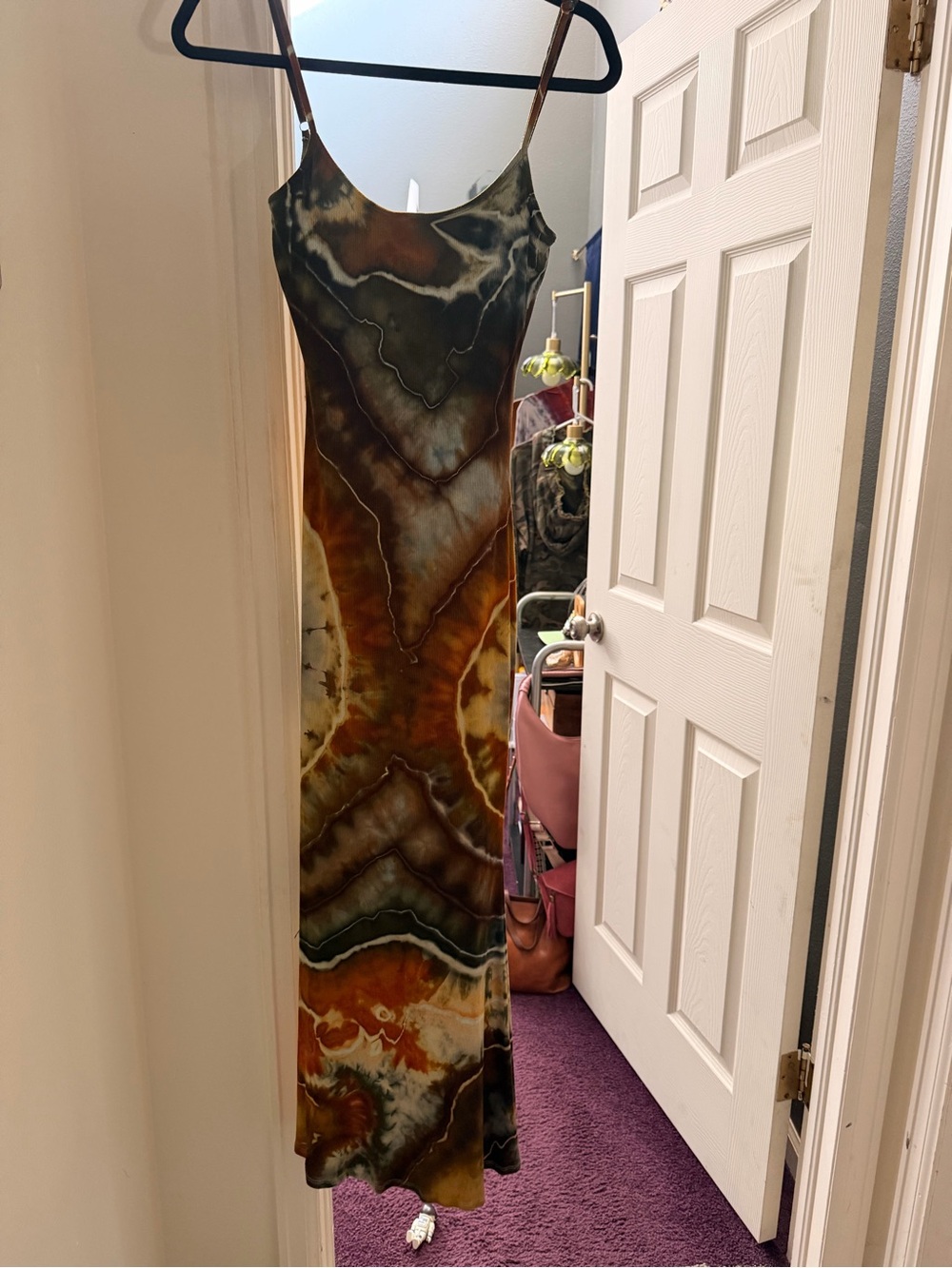Marble-Print Maxi Slip Dress in Brown and Cream